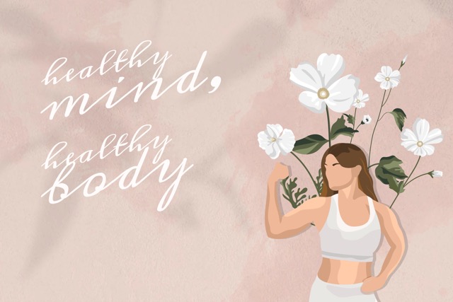 illustration promoting self-care for mental health, featuring a woman flexing her arm in confidence, wearing activewear, surrounded by blooming white flowers.