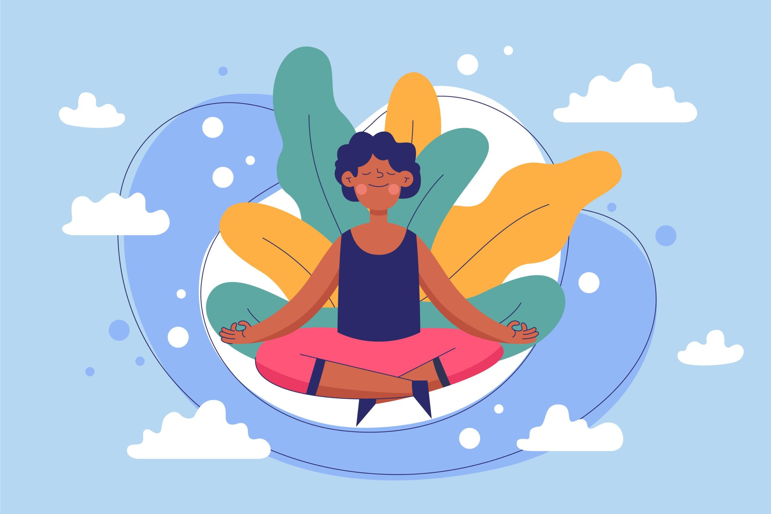 Illustration of a person practicing mindful breathing while meditating in a peaceful outdoor setting, surrounded by nature and calming clouds.